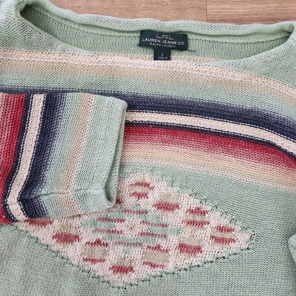 LRL Jeans Co Ralph Lauren Size Large Green Southwestern Aztec Boat Neck Sweater